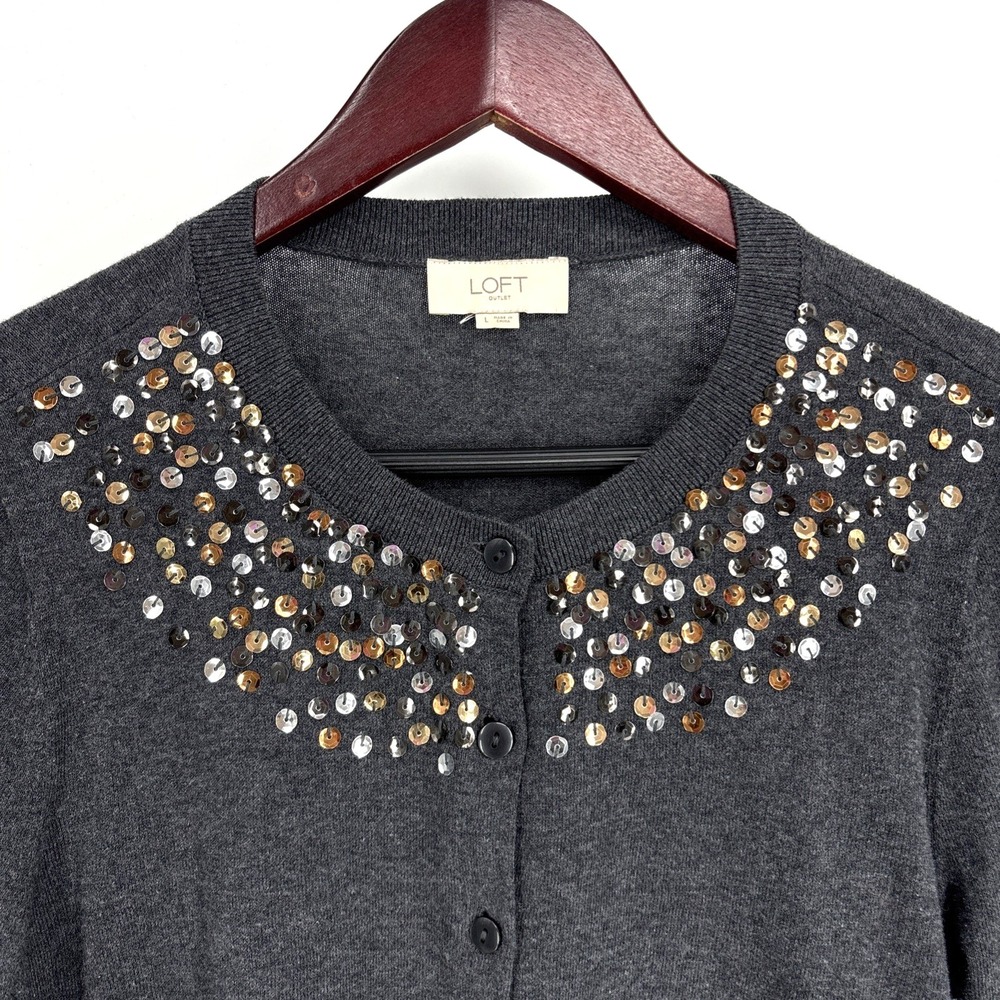 LOFT Gray Cardigan Sweater Sequin Embellished Long Sleeve Womens Large Old Money